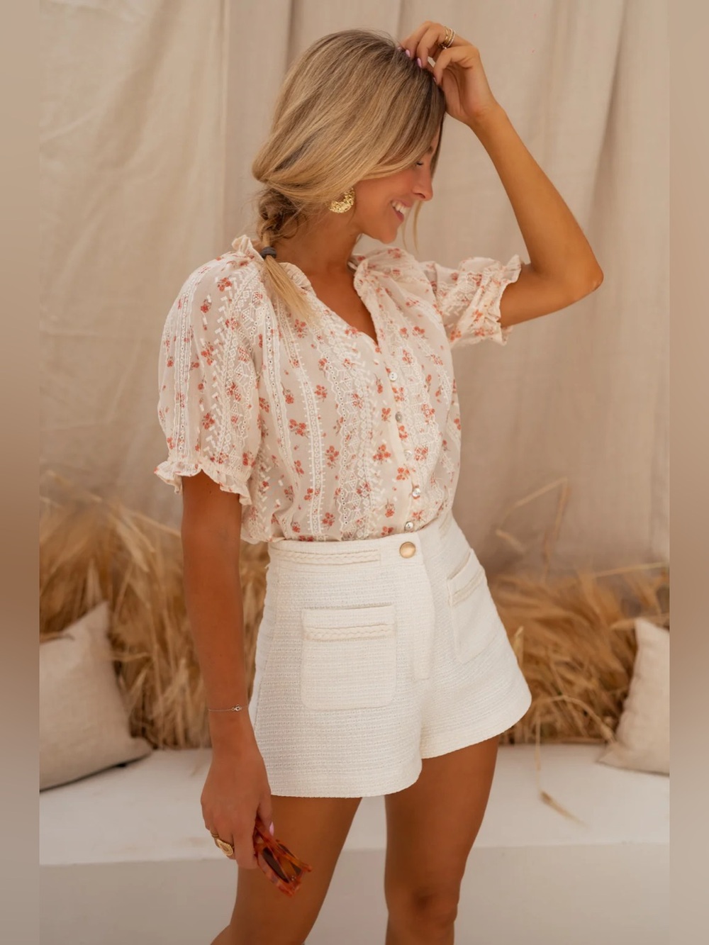 NWT Easy Clothes Carine Ecru Floral Embroidered Blouse S/M